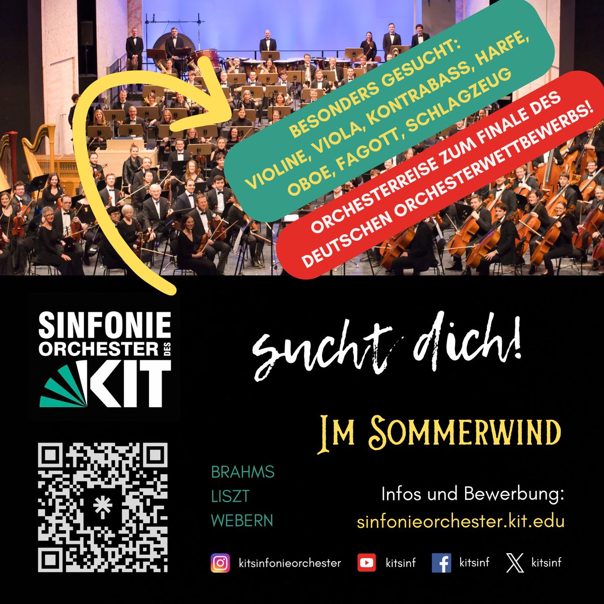 Mit IM SOMMERWIND starten wir in die neue Saison - und nehmen wieder neue Mitspieler*innen auf.
Bewirb dich jetzt und reise mit uns zum großen Finale des Deutschen Orchesterwettbewerbs! 

#karlsruhe #orchester #brahms #liszt #webern #sommerwind #kitkarlsruhe