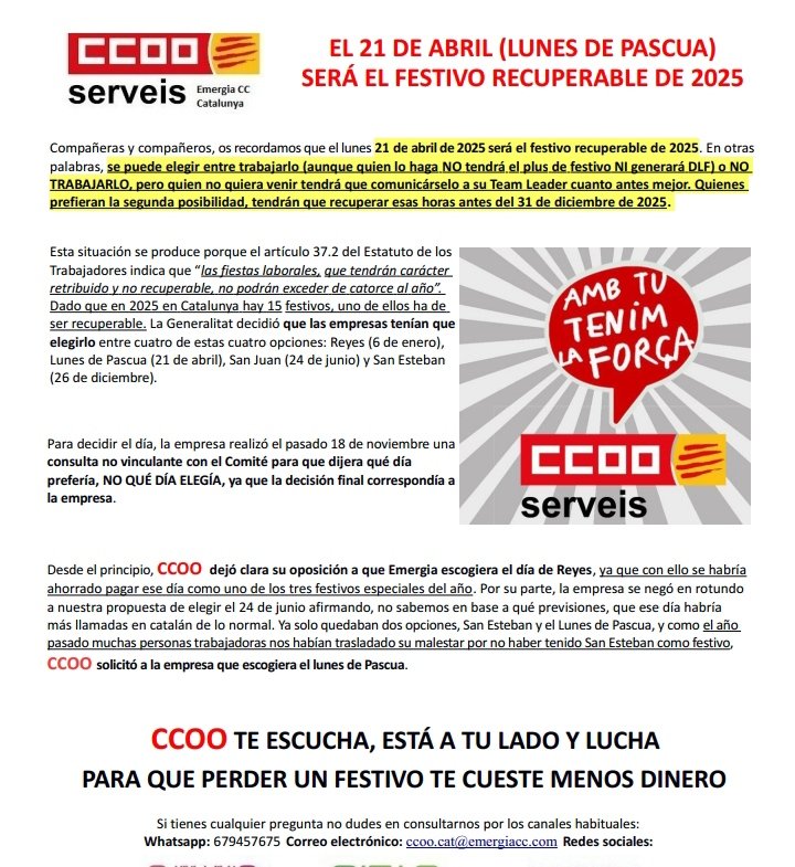 Compañeras y compañeros, el próximo día 21 de abril es festivo recuperable, os dejamos toda la info en este comunicado #CCOOEmergiaCatalunya
#CCOOEmergiaCatalunyaSeMueve
#JuntosSomosMasFuertes