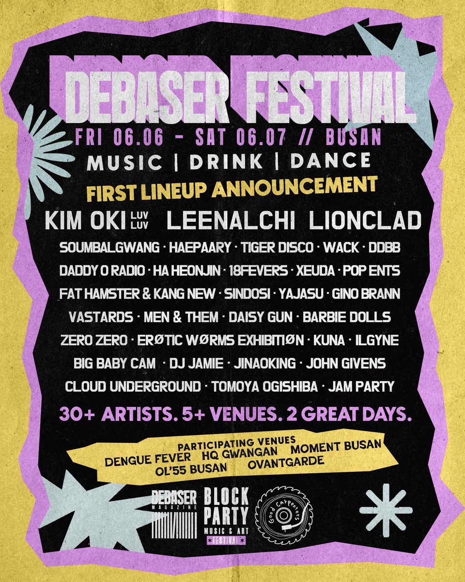 leenalchi's tweet image. ☀️ DEBASER FESTIVAL 2025 - MUSIC | DRINK | DANCE ☀️

블록파티 코리아 제작진이 새롭게 선보이는 디베이저 페스티벌에는 인디, 록, 재즈, 포크, 팝, 블루스, 펑크 등 다양한 장르의 뮤지션 30팀 이상이 출연합니다. 

현재 얼리버드 티켓이 판매 중입니다. @debaserfest에서 확인하세요!