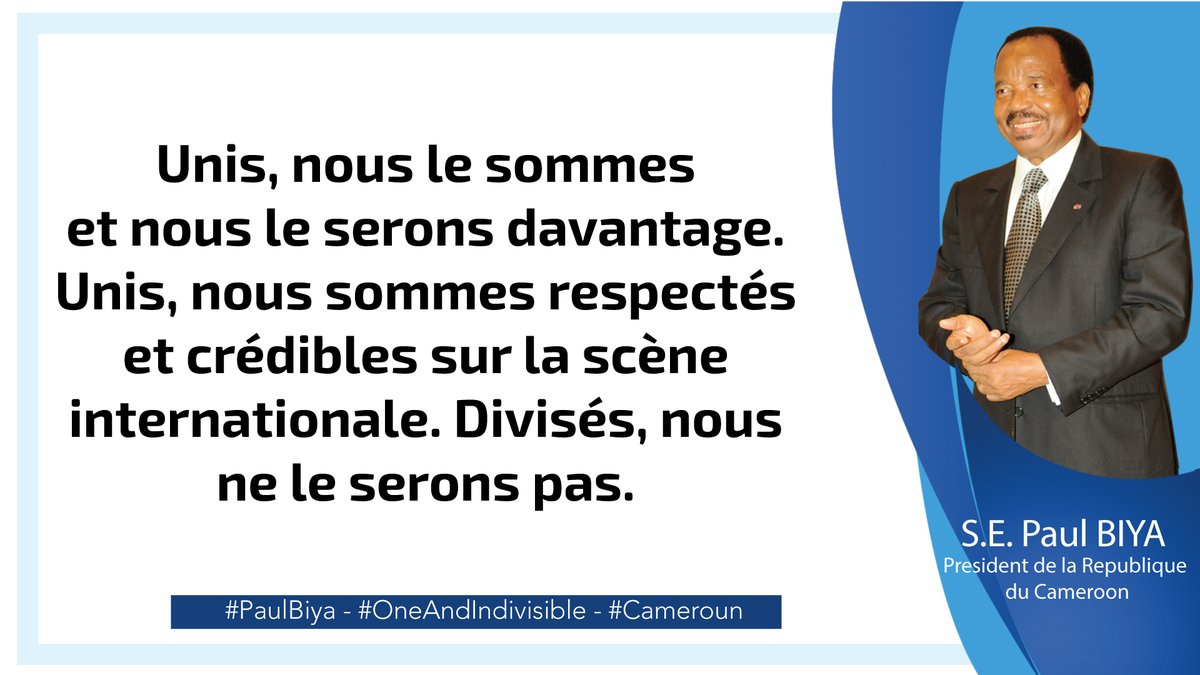 PR_Paul_BIYA's tweet image. Unis, nous le sommes et nous le serons davantage.
Unis, nous sommes respectés et crédibles sur la scène internationale.
Divisés, nous ne le serons pas.

#PaulBiya
#OneAndIndivisible
#Cameroun