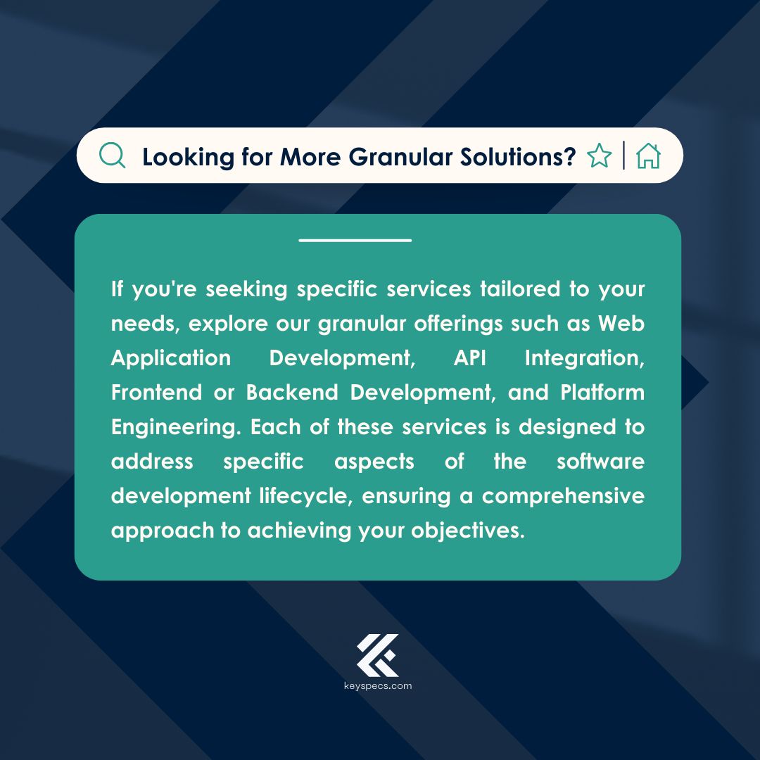 KeyspecsSolut's tweet image. Looking for More Granular Solutions? 

Stuck on a Specific Tech Challenge? We Can Help. 
Let&apos;s solve it together – contact us! 

#TechConsulting #SoftwareEngineering #DigitalSolutions #WebApps #APIs #SoftwareDevelopmentLifecycle #TechForBusiness