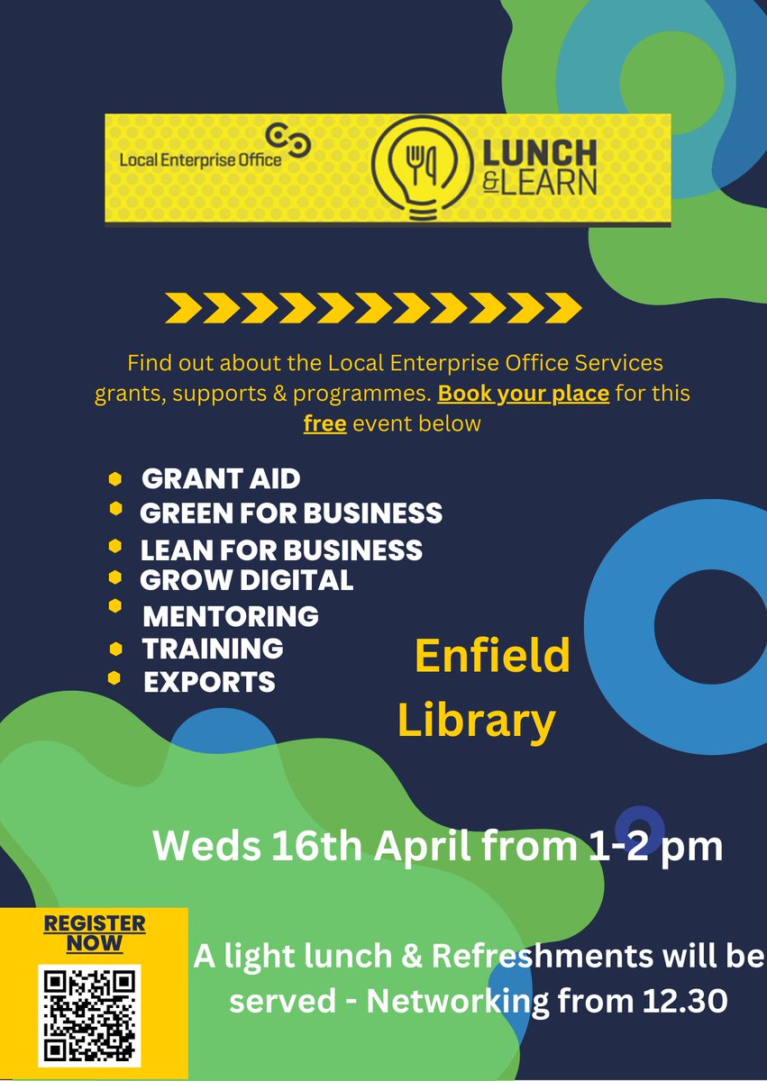 📢 Join Us for an Exciting Lunch and Learn Roadshow! 📢

📅 Date: Wednesday, 16th April 2025
🕐 Time: 1:00 PM - 2:00 PM (Networking starts at 12:30 PM)
📍 Venue: Enfield Library 

🔗 Register here: localenterprise.ie/Meath/Training… 

Enjoy a light lunch and refreshments while you learn.