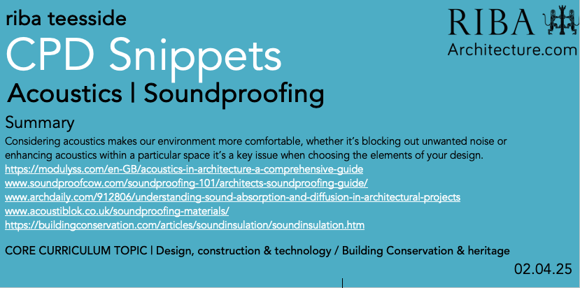 RIBA Tees (@ribatees) on Twitter photo Shh...this week #CPDSnippets explores #sound
links
modulyss.com/en-GB/acoustic…
soundproofcow.com/soundproofing-…
archdaily.com/912806/underst…
acoustiblok.co.uk/soundproofing-…
buildingconservation.com/articles/sound…
<a href="/RIBANorthEast/">RIBA North East</a> @riba @yapf <a href="/RIBA/">Royal Institute of British Architects</a>North <a href="/RIBAYorkshire/">RIBA Yorkshire</a> #architect #architecture #acoustics #soundproofing Shh...this week #CPDSnippets explores #sound
links
modulyss.com/en-GB/acoustic…
soundproofcow.com/soundproofing-…
archdaily.com/912806/underst…
acoustiblok.co.uk/soundproofing-…
buildingconservation.com/articles/sound…
<a href="/RIBANorthEast/">RIBA North East</a> @riba @yapf <a href="/RIBA/">Royal Institute of British Architects</a>North <a href="/RIBAYorkshire/">RIBA Yorkshire</a> #architect #architecture #acoustics #soundproofing