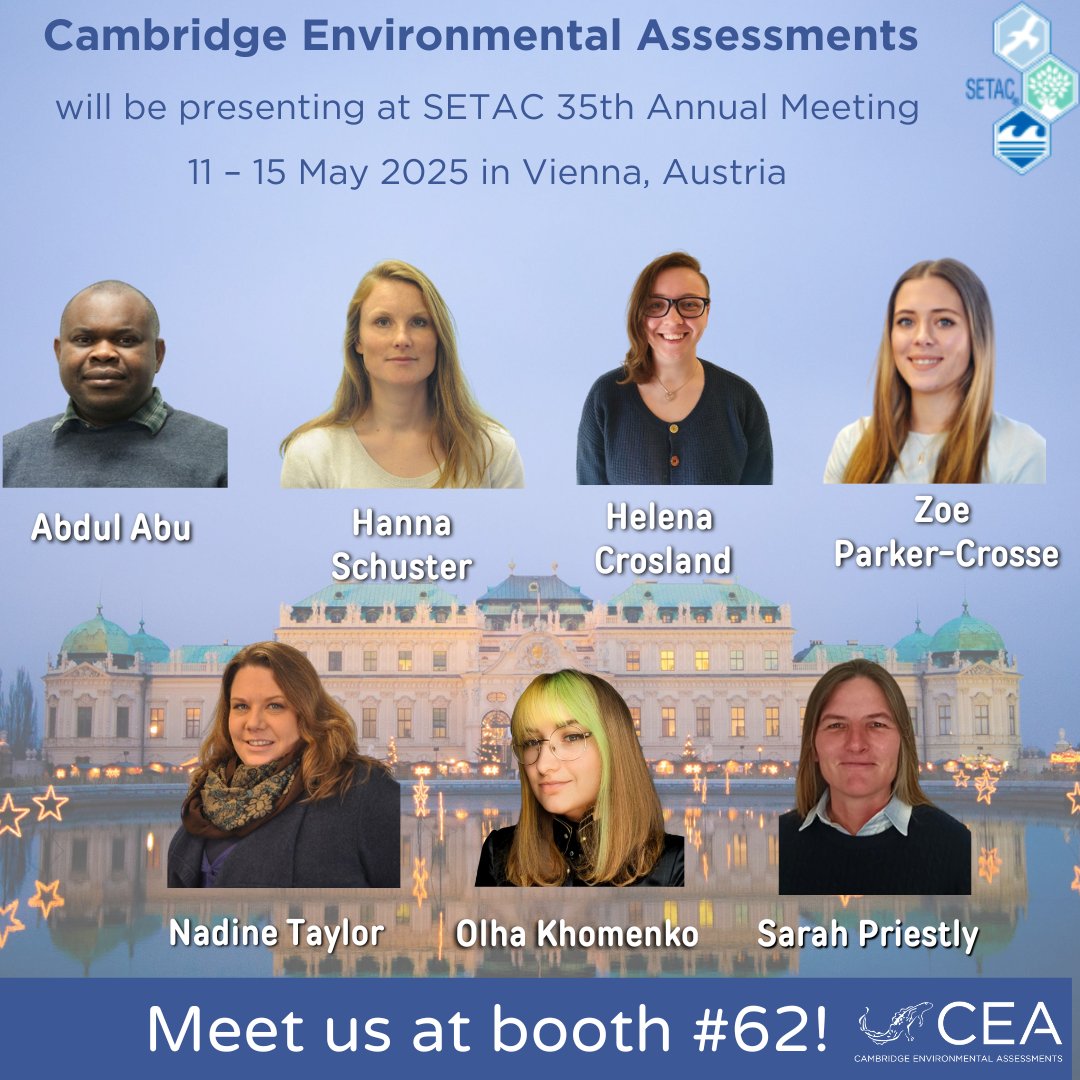 Cambridge Environmental Assessments will be presenting at Society of Environmental Toxicology and Chemistry (SETAC) 35th Annual Meeting from 11th - 15th May 2025, in Vienna, Austria.

We welcome you to come and meet us at Booth #62!