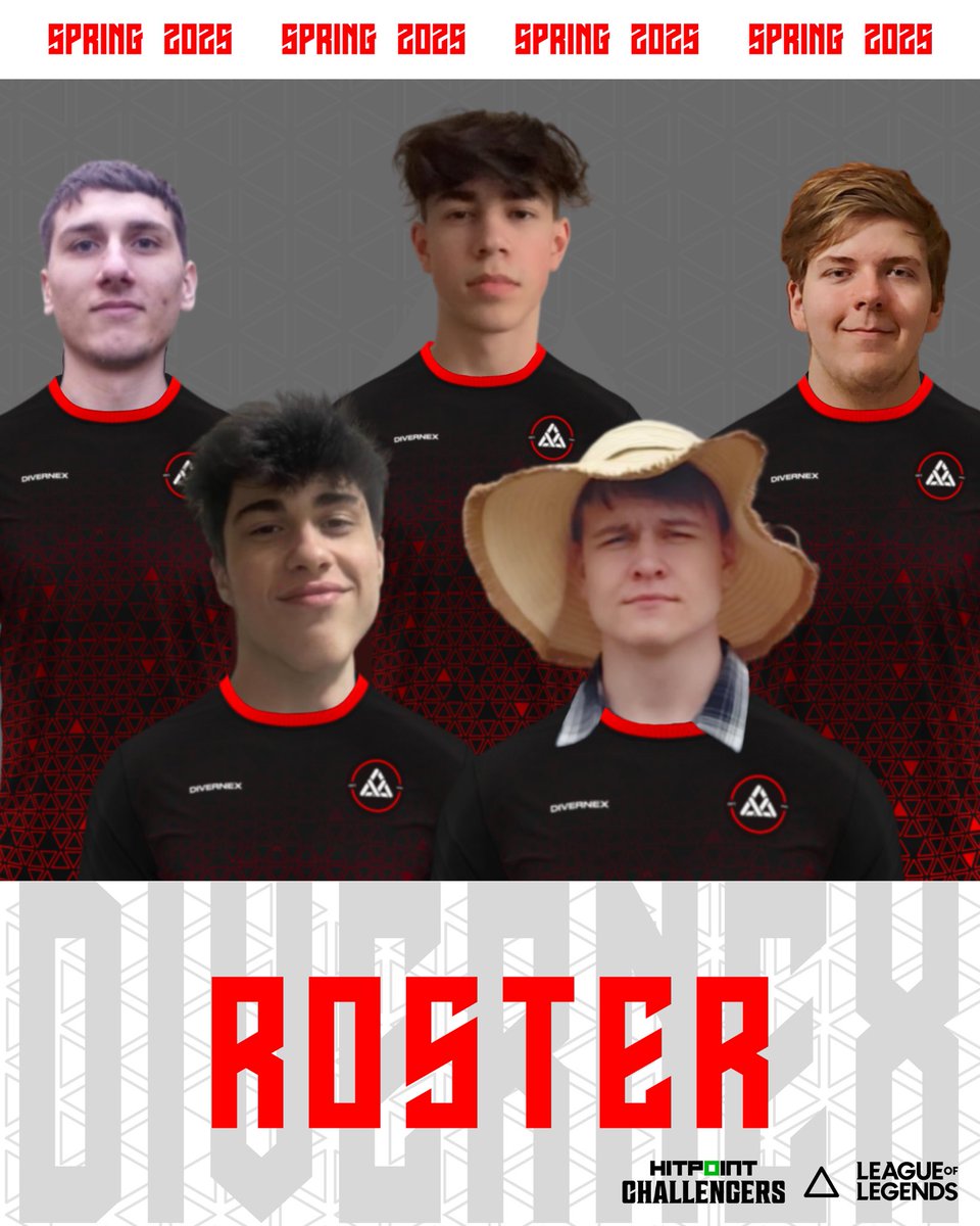 Divernex roster 2025 

Soupisku do hitpoint challengers spring 2025 neměníme! ❤️🖤

Top: 🇨🇿 Tropy16
Jgl: 🇨🇿 Josifek04
Mid: 🇨🇿 TalentLess
ADC: 🇨🇿 Etoo
Supp: 🇸🇰 AwerpiS

🧠 Coaching staff:
Head Coach: ?
Ass. Coach: 🇨🇿 WardeNN
Ass. Coach: 🇨🇿 Jellou
