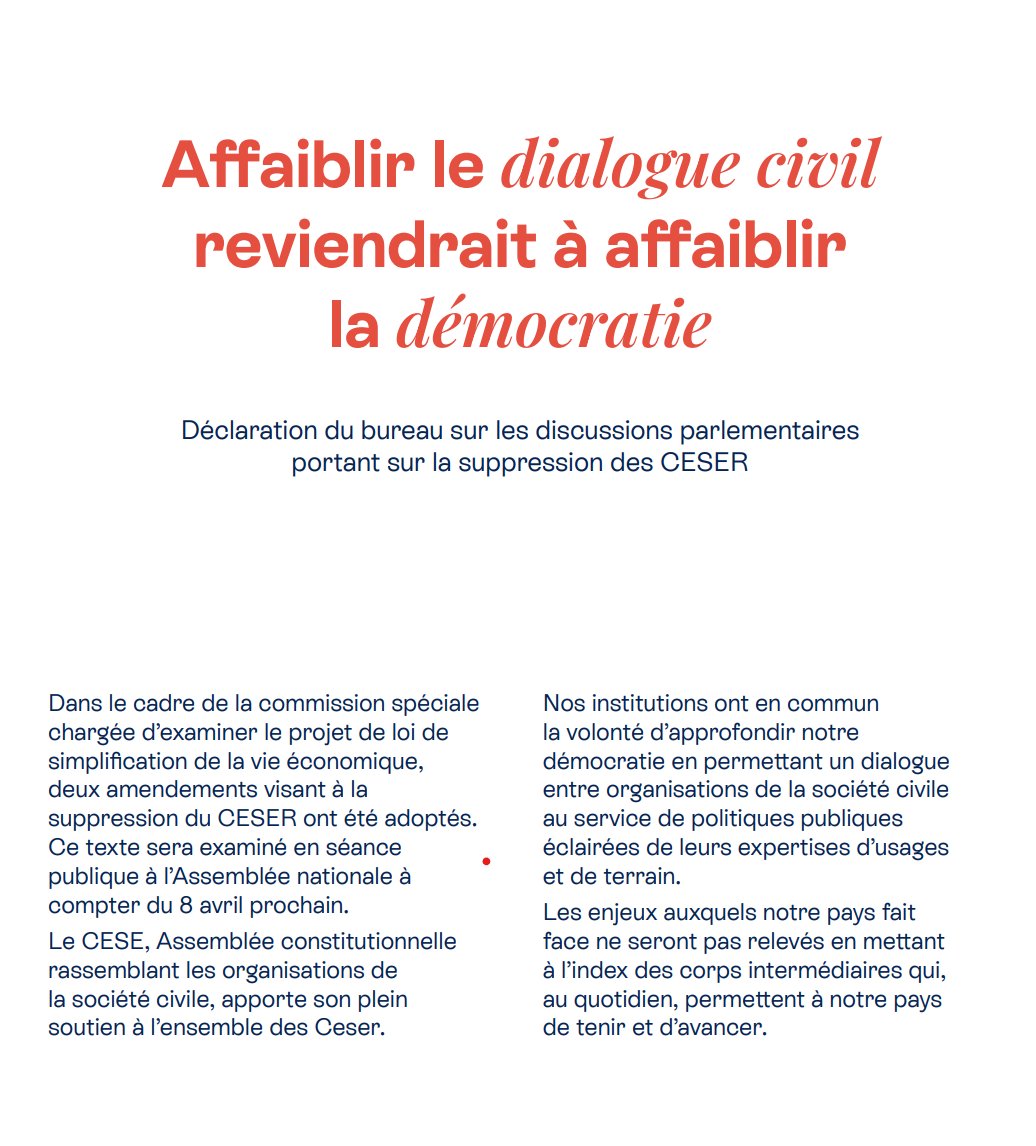 Thierry Beaudet (@thierrybeaudet) on Twitter photo 🟥 Affaiblir le dialogue civil reviendrait à affaiblir la démocratie.
🔍 Retrouvez la déclaration du Bureau du <a href="/lecese/">CESE</a> sur les discussions parlementaires portant sur la suppression des CESER.
<a href="/ceserfrance/">CESER de France</a> - <a href="/AssembleeNat/">Assemblée nationale</a> - <a href="/Senat/">Sénat</a> - <a href="/gouvernementFR/">Gouvernement</a> 🟥 Affaiblir le dialogue civil reviendrait à affaiblir la démocratie.
🔍 Retrouvez la déclaration du Bureau du <a href="/lecese/">CESE</a> sur les discussions parlementaires portant sur la suppression des CESER.
<a href="/ceserfrance/">CESER de France</a> - <a href="/AssembleeNat/">Assemblée nationale</a> - <a href="/Senat/">Sénat</a> - <a href="/gouvernementFR/">Gouvernement</a>