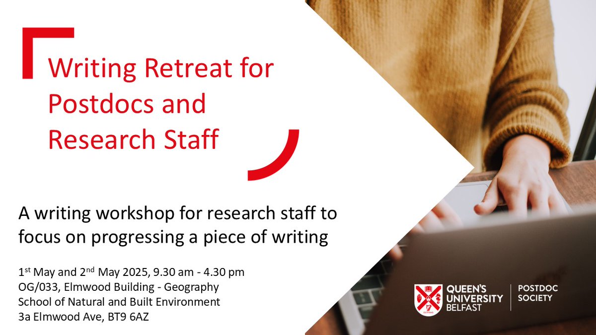 QUB Postdoc Society (@qubpostdocsoc) on Twitter photo 🚨 Writing Retreat ✍️
Finding time to write papers, chapters or funding bids is difficult
This two-day retreat will give you the space to focus on a piece of writing, working with a facilitator & the support of your peers
More info & registration ⬇️⬇️
qub.ac.uk/sites/pdc/Repr… 🚨 Writing Retreat ✍️
Finding time to write papers, chapters or funding bids is difficult
This two-day retreat will give you the space to focus on a piece of writing, working with a facilitator & the support of your peers
More info & registration ⬇️⬇️
qub.ac.uk/sites/pdc/Repr…