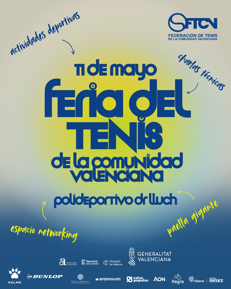 🎾🎉 ¡𝗬𝗮 𝗹𝗹𝗲𝗴𝗮 𝗹𝗮 𝗙𝗲𝗿𝗶𝗮 𝗱𝗲𝗹 𝗧𝗲𝗻𝗶𝘀 𝗱𝗲 𝗹𝗮 𝗖𝗼𝗺𝘂𝗻𝗶𝗱𝗮𝗱 𝗩𝗮𝗹𝗲𝗻𝗰𝗶𝗮𝗻𝗮! 📅✨

📍 Domingo 11 de mayo en el Polideportivo Dr. Lluch

Un día lleno de deporte, diversión y buen ambiente para todos los amantes del tenis🎾💙

#tenisvalenciano