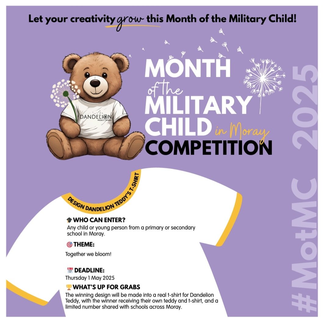 💜 #MonthOfTheMilitaryChild is here!

💭 How will you celebrate? 

In Moray:
🎨 Design the Dandelion Teddy’s tee
🖌️ NSI creative workshops in 12 schools
ℹ️ MotMC guide &amp; promo packs for schools
💜 Purple Up Day &amp; more!

🔗 tinyurl.com/4euf2fft

#MotMC #DandelionProjectMoray