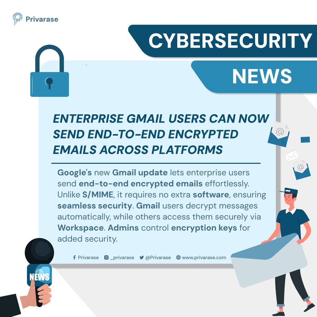 Privarase's tweet photo. Secure your emails like never before! 🔐✨ Enterprise Gmail users can now send end-to-end encrypted emails across platforms—no extra software needed! What do you think about this update?

#CyberSecurity #Privarase #GmailUpdate #DataPrivacy #EmailEncryption https://t.co/KOdRKGHg4A