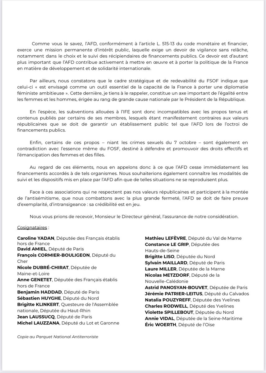 Caroline Yadan (@carolineyadan) on Twitter photo L'organisation de ces assises constitue une apologie du terrorisme. Ni plus ni moins.
Et qu'elles soient financées, au moins pour partie, par l'<a href="/AFD_France/">Agence Française de #Développement (AFD) 🇫🇷 🇪🇺</a> est un véritable scandale.
<a href="/AFD_France/">Agence Française de #Développement (AFD) 🇫🇷 🇪🇺</a> je vous ai souvent interpellée sur votre financement d'associations proches de L'organisation de ces assises constitue une apologie du terrorisme. Ni plus ni moins.
Et qu'elles soient financées, au moins pour partie, par l'<a href="/AFD_France/">Agence Française de #Développement (AFD) 🇫🇷 🇪🇺</a> est un véritable scandale.
<a href="/AFD_France/">Agence Française de #Développement (AFD) 🇫🇷 🇪🇺</a> je vous ai souvent interpellée sur votre financement d'associations proches de