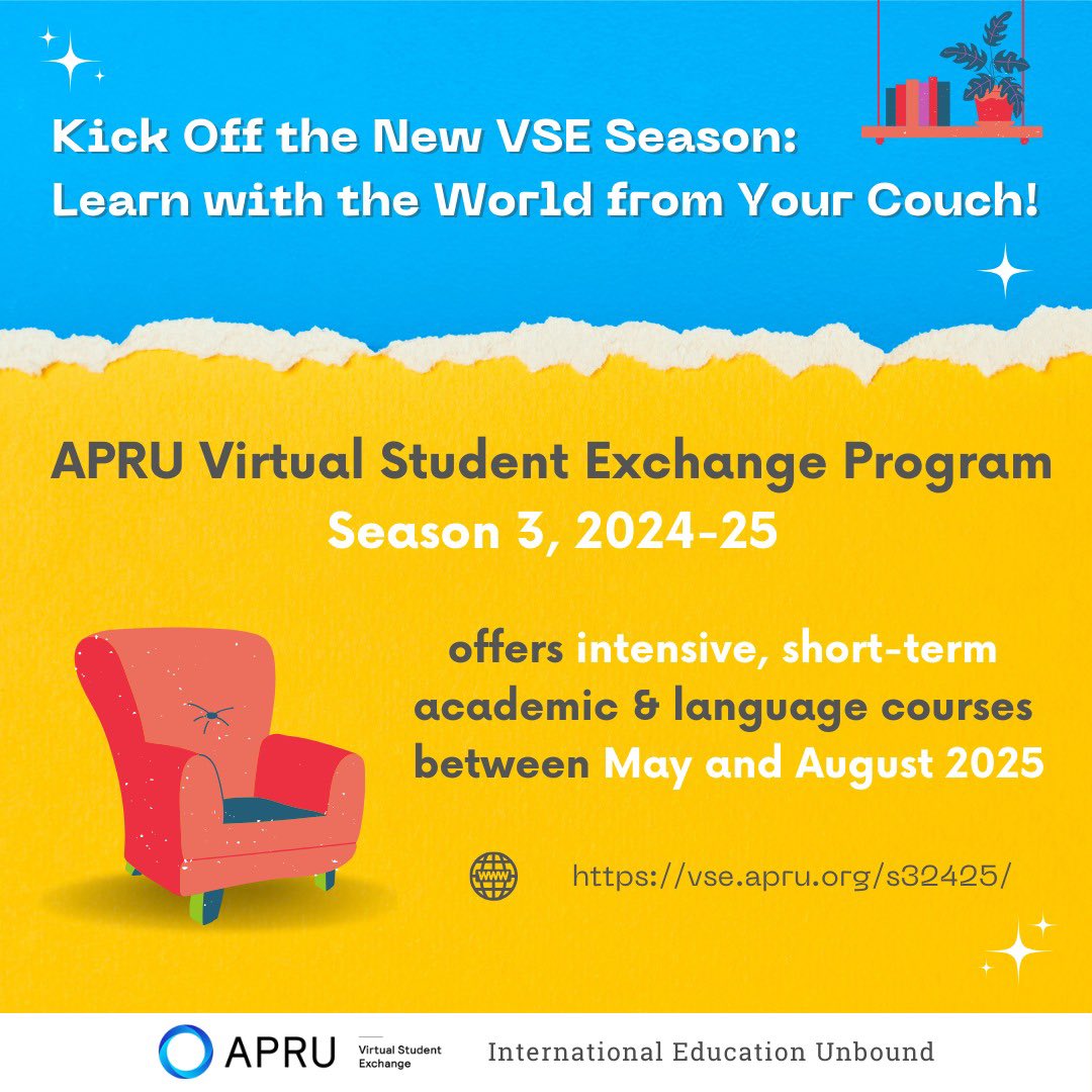 The world is your classroom, and your couch is the front row! #APRU_VSE is back for S3, 2024-25! From May to August 2025, explore the online short-term, intensive academic and language courses without leaving home. 📚💻
More details at vse.apru.org/s32425
@apru1997 #APRU #VSE