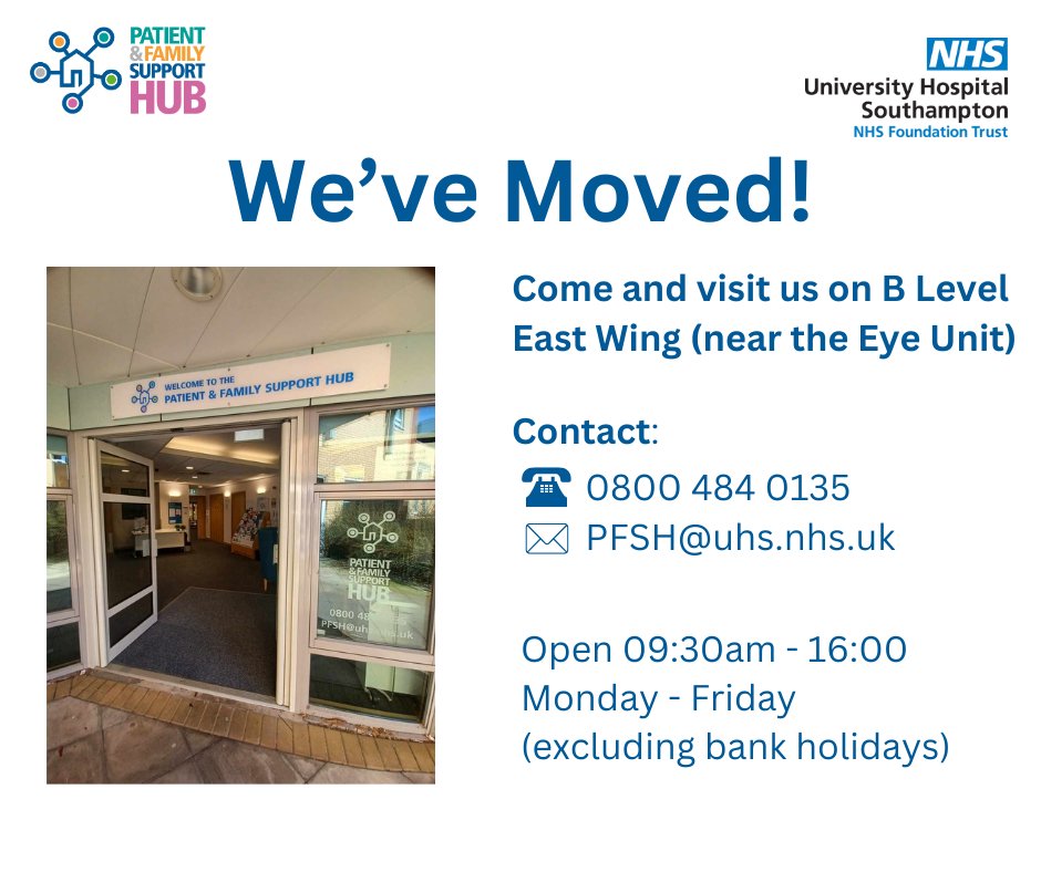 UHS_SupportHub's tweet image. We're excited to share that we've moved to a new location at @UHSFT, and rebranded as the Patient and Family Support Hub!🎉 We're still offering the same services, but with more space to offer patients, families and carers a quiet space in the hospital. Further details below 👇