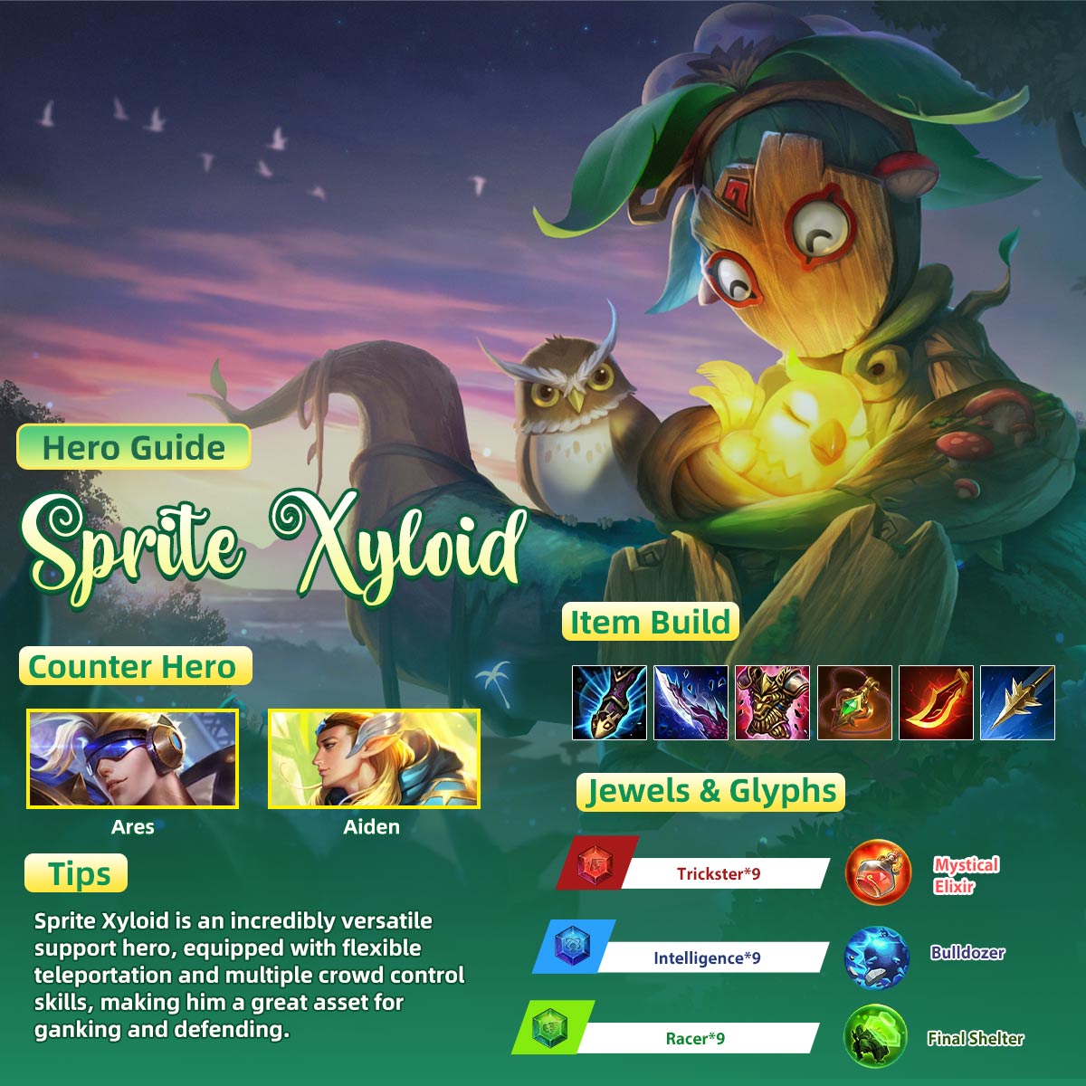 HeroesEvolved's tweet image. Sprite Xyloid is the first hero in Heroes Evolved capable of repairing tower health, and his ultimate also enhances towers by boosting their attack speed and healing. #HeroesEvolved #MOBA #HeroGuide