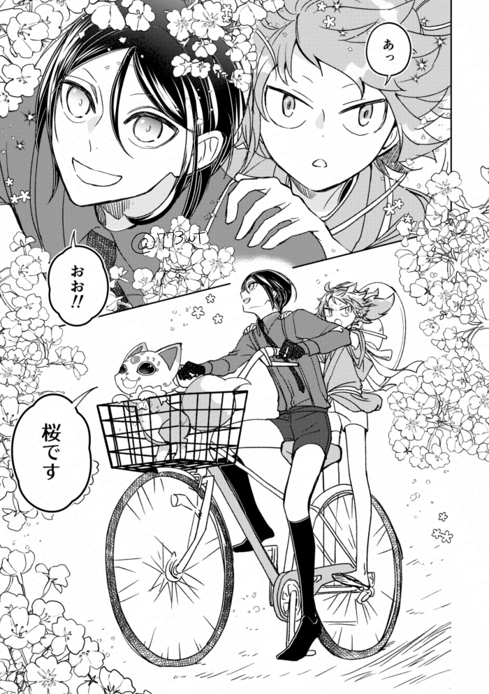 薬研と小夜とこんのすけと桜 