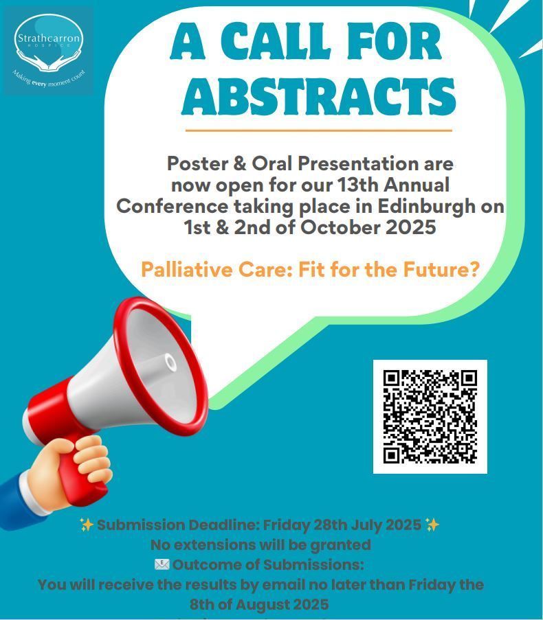 Strathcarron Hospice (@strathcarron1) on Twitter photo 📣 Call for Abstracts 📣 
We are excited to announce our 13th annual conference will take place 1 and 2 Oct in Edinburgh!
This year’s theme is 'Palliative Care: Fit for the Future?'
Submit your abstract idea here: forms.office.com/Pages/Response… 
Deadline Fri 28 July
#hospice 📣 Call for Abstracts 📣 
We are excited to announce our 13th annual conference will take place 1 and 2 Oct in Edinburgh!
This year’s theme is 'Palliative Care: Fit for the Future?'
Submit your abstract idea here: forms.office.com/Pages/Response… 
Deadline Fri 28 July
#hospice