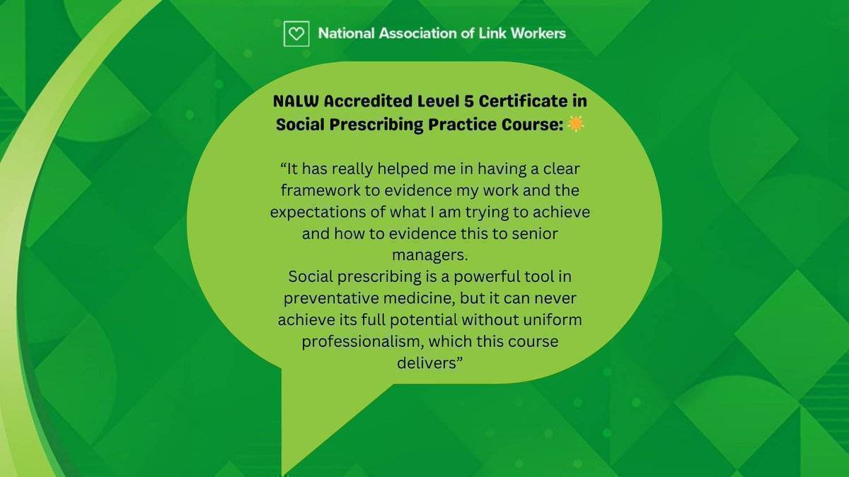 nalwuk's tweet image. Ready to specialise as a #SocialPrescribing #LinkWorker?
The NALW Level 5 Accredited Qualification is for experienced SPLWs ready to specialise

Not entry-level. Inclusive. Impact-driven.

Find out more &amp;amp; apply:
nalw.org.uk/courses/accred…