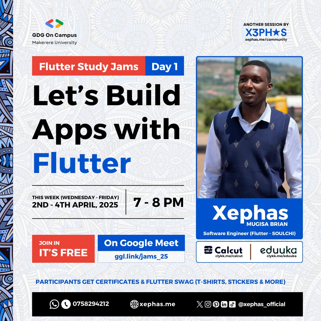 flutter_kampala's tweet image. 🚀 @xephas_official is coordinating a Flutter Study Jam from April 2nd to 4th! 📱✨ Join us to learn and build apps with Flutter. Don’t miss this chance to level up! 🔥 #FlutterStudyJam #BuildWithFlutter #FlutterDev #flutterkampala