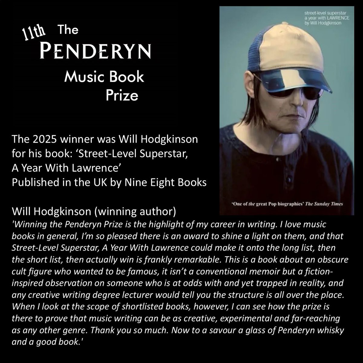 PenderynPrize's tweet image. A quote from @Willjhodgkinson for his book: Street-Level Superstar, A Year With Lawrence, published in the UK by @nineeightbooks, which won the Penderyn Music Book Prize 2025. You can see more here: penderynprize.com
@Mozart_Estate @PenderynWhisky @e17RnR_books