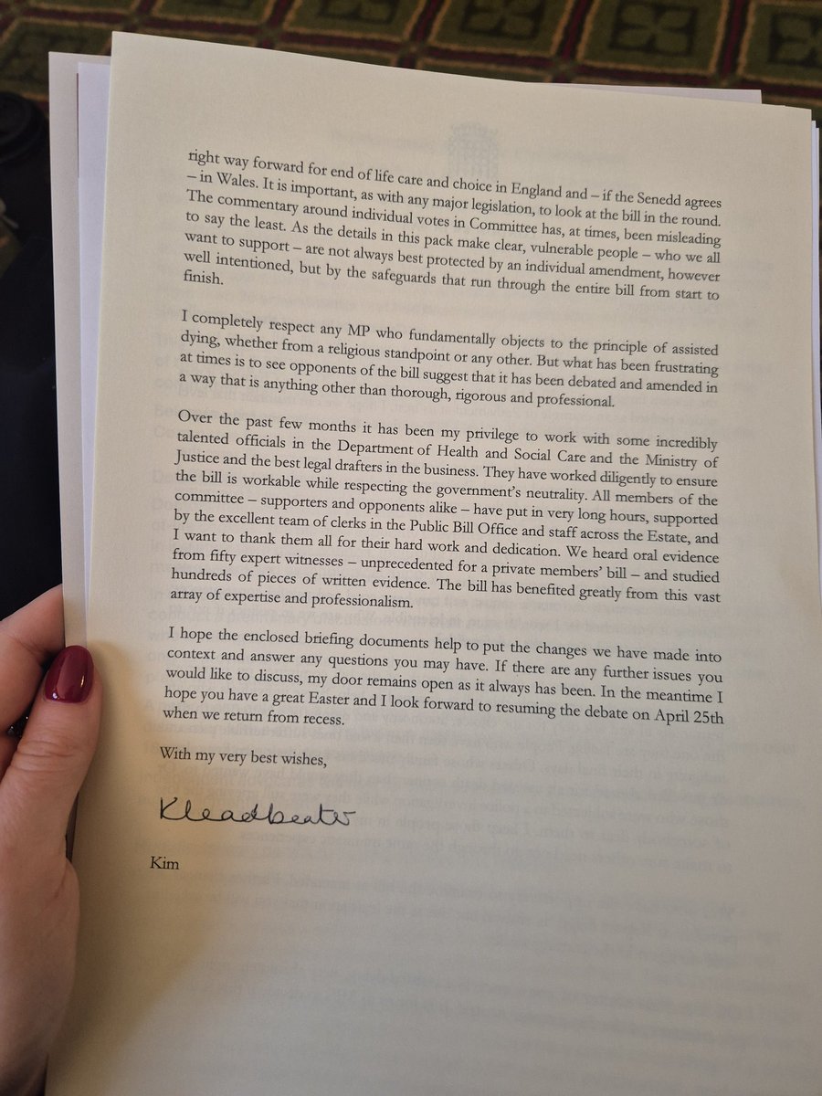 NatashaC's tweet photo. Assisted Dying Bill will be back for votes on Friday 25 April

Leadbeater's written to MPs as new updated version of bill is published today

Says it's still the strongest in the world and has come out "safer and more effective" from committee stage 

Law is "unjust and indefensible" as it is

Vital goverment stays neutral, she says

Changes in committee: 
- doctors can't discuss AD without discussing other options 
- removal of high court judges in favour of panels 
- disability advisory board included
- annual reports of AD progress
- full review of law within 5 years 
- doctors will have to have specific training on mental capacity, domestic abuse, and control
- now implemented in four years not two
- no one eligible on the basis of mental health or a disability alone

She admits further changes are possible @LBC