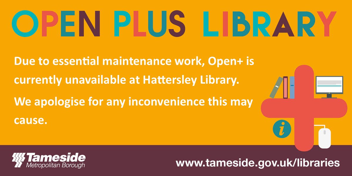 Due to essential maintenance work, Open+ is currently unavailable at Hattersley Library.
We apologise for any inconvenience this may cause.