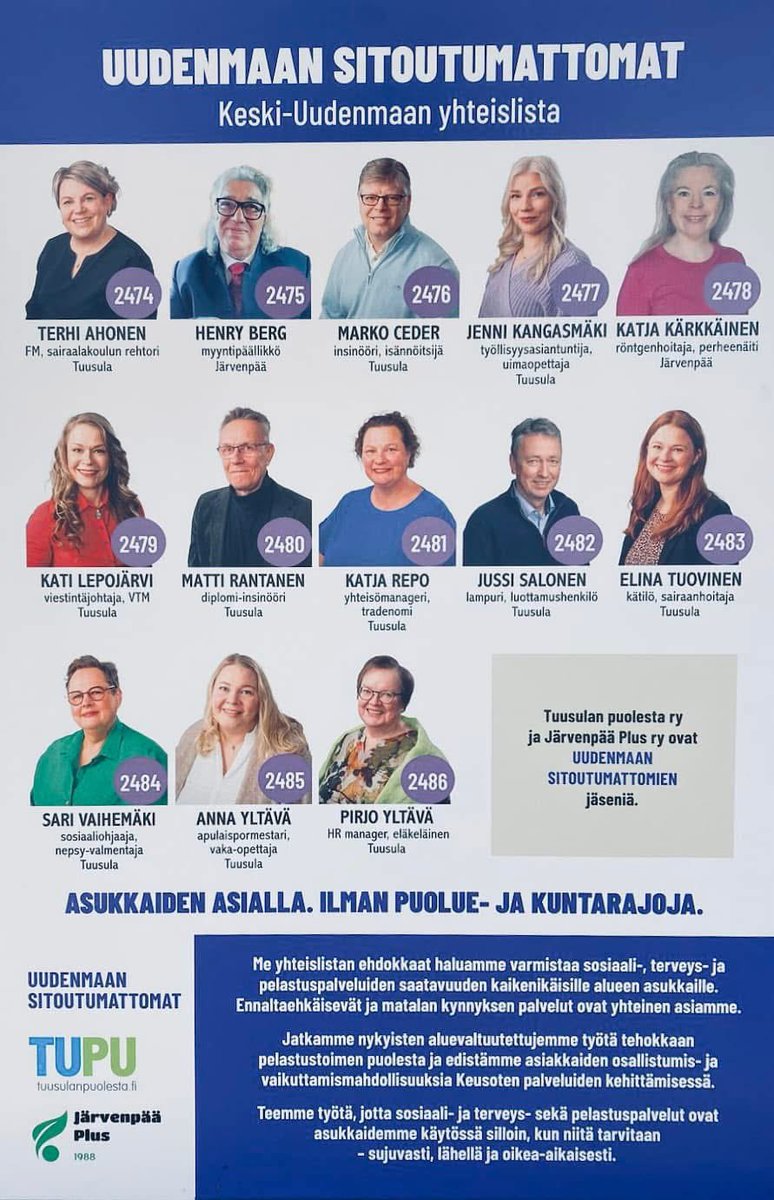 Nyt on monenlaista osaamista Sitoutumattomattomien yhteislistalla Keusotessa. Eikä pelkästään sote ja pelastuspuolelta, vaan myös esim. hallinnosta. Oma tulokulmani on asiakkaiden osallisuus palveluiden kehittämisessä. #aluevaalit #keusote #uudenmaansitoutumattomat