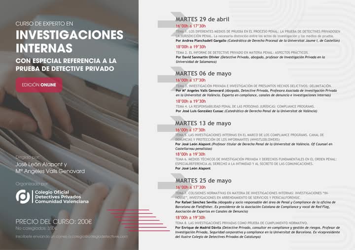 👉Os recordamos que este mes empieza el "Curso de experto en Investigaciones Internas con especial referencia a la prueba de detective privado", que organiza el <a href="/colegio_cv/">Colegio Oficial Detectives Privados CV</a>, 
👉 Inscripciones:  colegio@colegiodetectives.org
#detective #investigacionesinternas #CODPCV