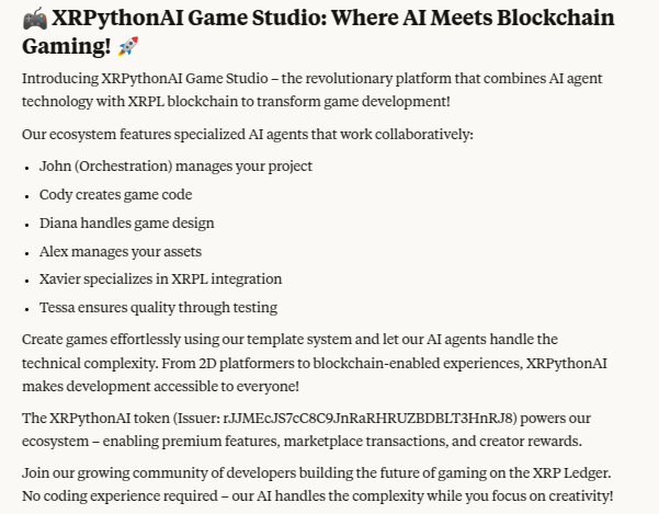 XRPythonXRPL's tweet photo. Join us:
Telegram: https://t.co/cTDfiDr7g3
X : https://t.co/bkHFQp5bPP
Keep yourself informed. Stay tuned on our channels, earn giveaways and enjoy early stage of development from first hand
#XRPythonAI #GameDev #XRPL #AIGameDevelopment #Blockchain https://t.co/yf2Ko77XXs
