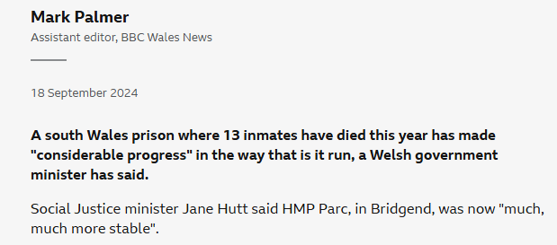 FletcherPlaid's tweet photo. A new BBC report raises concerns about ongoing issues at Parc Prison - just months after the Cabinet Secretary claimed it was "much, much more stable."

This raises serious questions about whether any real progress has been made. https://t.co/QpidRvc4JE