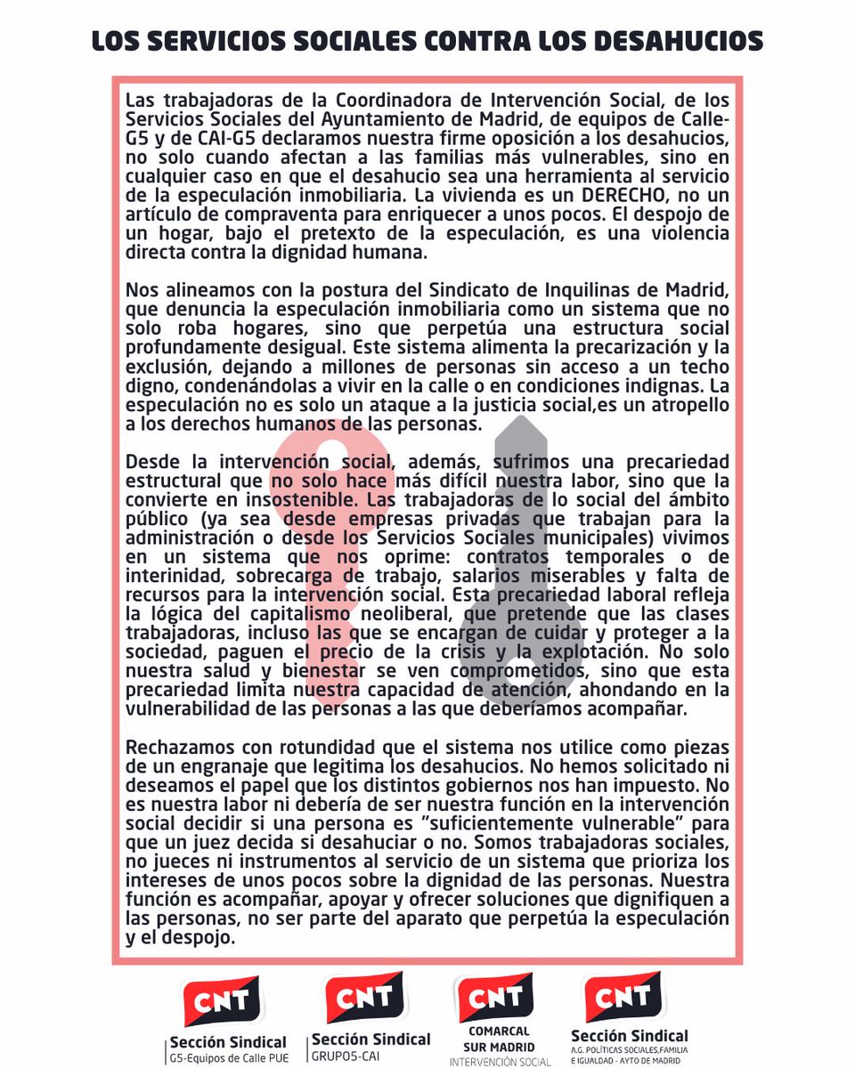 Los Servicios Sociales contra los desahucios

"No es nuestra labor, ni debería de ser nuestra función en la intervención social, decidir si alguien es “suficientemente vulnerable” para que un juez decida desahuciar o no". 

comarcalsur.cnt.es/los-servicios-…