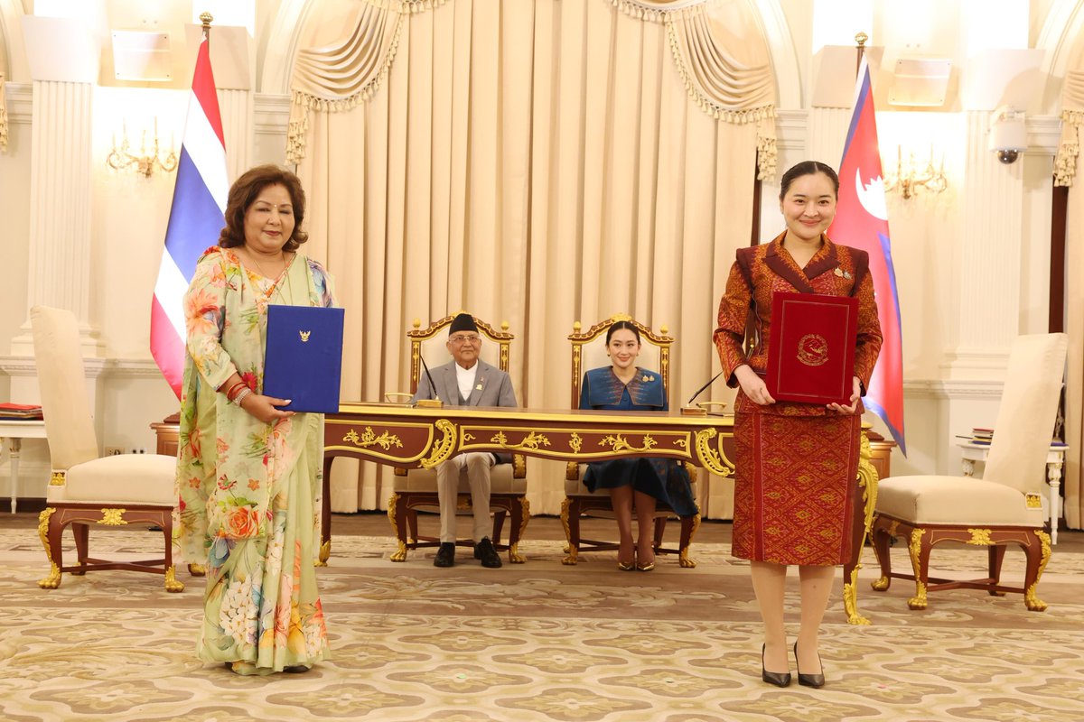PM_nepal_'s tweet photo. Rt. Hon. PM Mr. KP Sharma Oli and Thailand’s PM Paetongtarn Shinawatra witnessed the signing of key agreements and MoUs spanning diverse sectors, including culture, tourism, health, education, agriculture, forestry, industry, and commerce, boosting bilateral ties. https://t.co/vo2Mx7xRdc