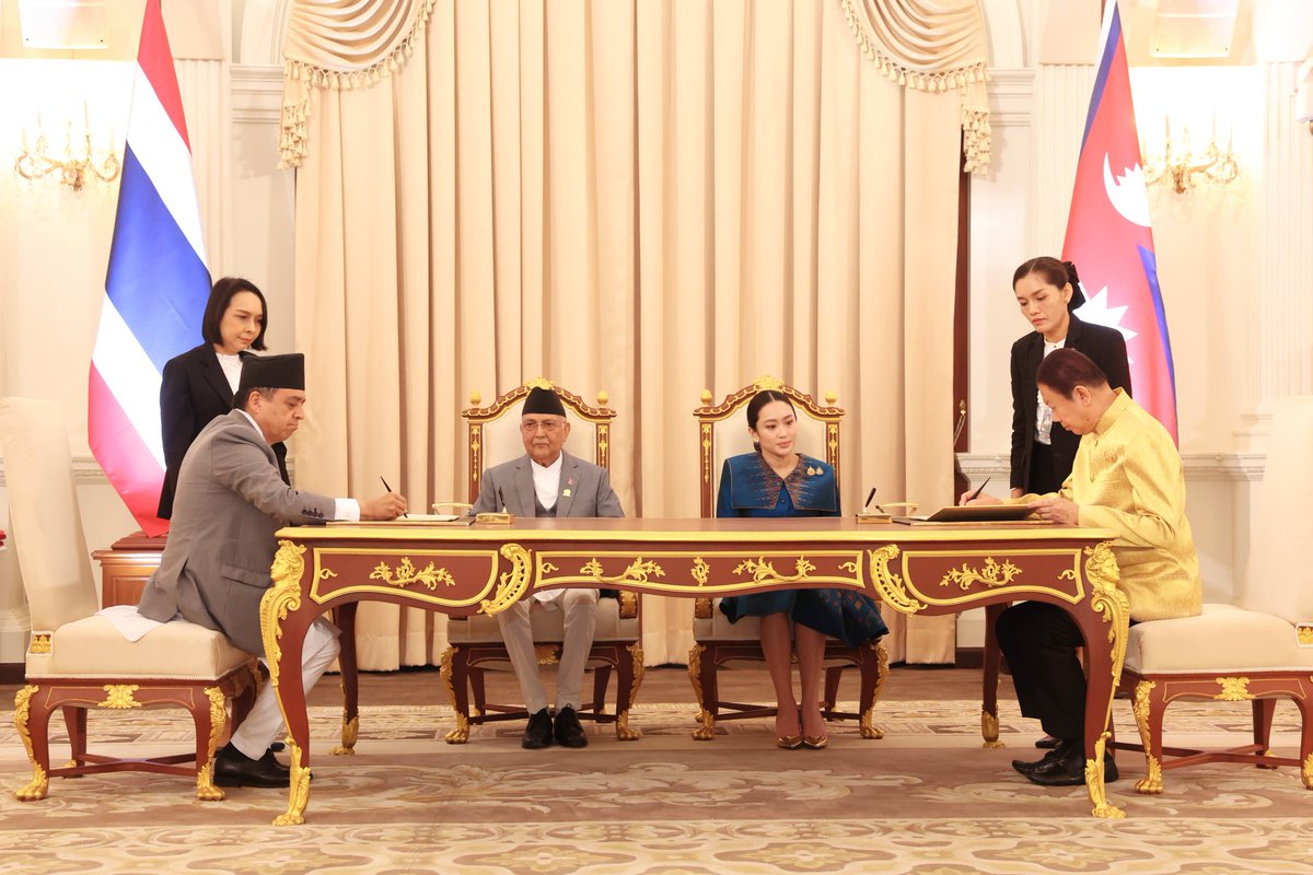 PM_nepal_'s tweet photo. Rt. Hon. PM Mr. KP Sharma Oli and Thailand’s PM Paetongtarn Shinawatra witnessed the signing of key agreements and MoUs spanning diverse sectors, including culture, tourism, health, education, agriculture, forestry, industry, and commerce, boosting bilateral ties. https://t.co/vo2Mx7xRdc
