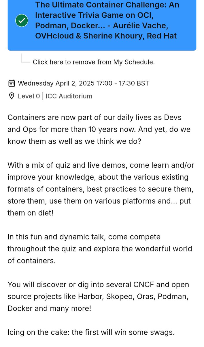 This afternoon at 5pm BST, we will present with <a href="/srinerine/">sherine khoury</a> our talk ""The ultimate container challenge". Come learn and challenge with quiz and fun about OCI, containers, registries... 🙂

And ... I think it is not a bug but ... We will be in the keynote/auditorium room ??!! 😱