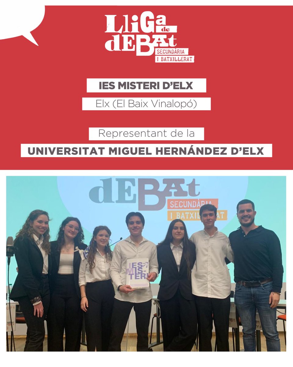 ✔ <a href="/iesmisteridelx_/">IES Misteri d'Elx</a>, representant de la <a href="/UniversidadMH/">UMH</a>, amb Marta García, Santiago Torres, Tatiana Marciá, Marc Balaguer, Alejandra Donaire i Joaquín Martínez (capità)

🍀 Moltíssima sort! #LligaDeDebat