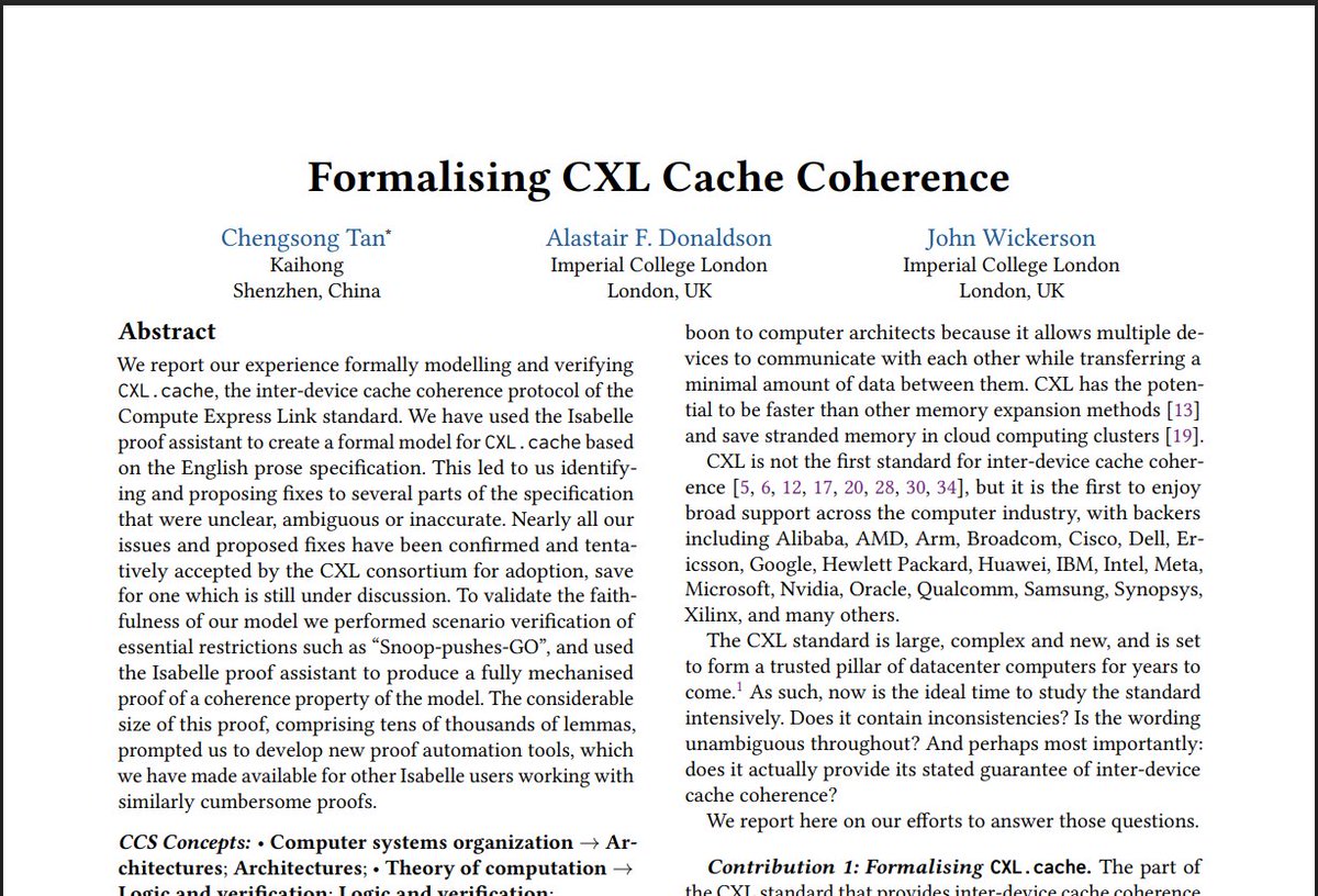 Today at <a href="/ASPLOSConf/">ASPLOS</a> Chengsong Tan will present our work with <a href="/wicko3/">John Wickerson</a> on mechanical formalisation of CXL.cache - check out the paper! doc.ic.ac.uk/~afd/papers/20… #CXL