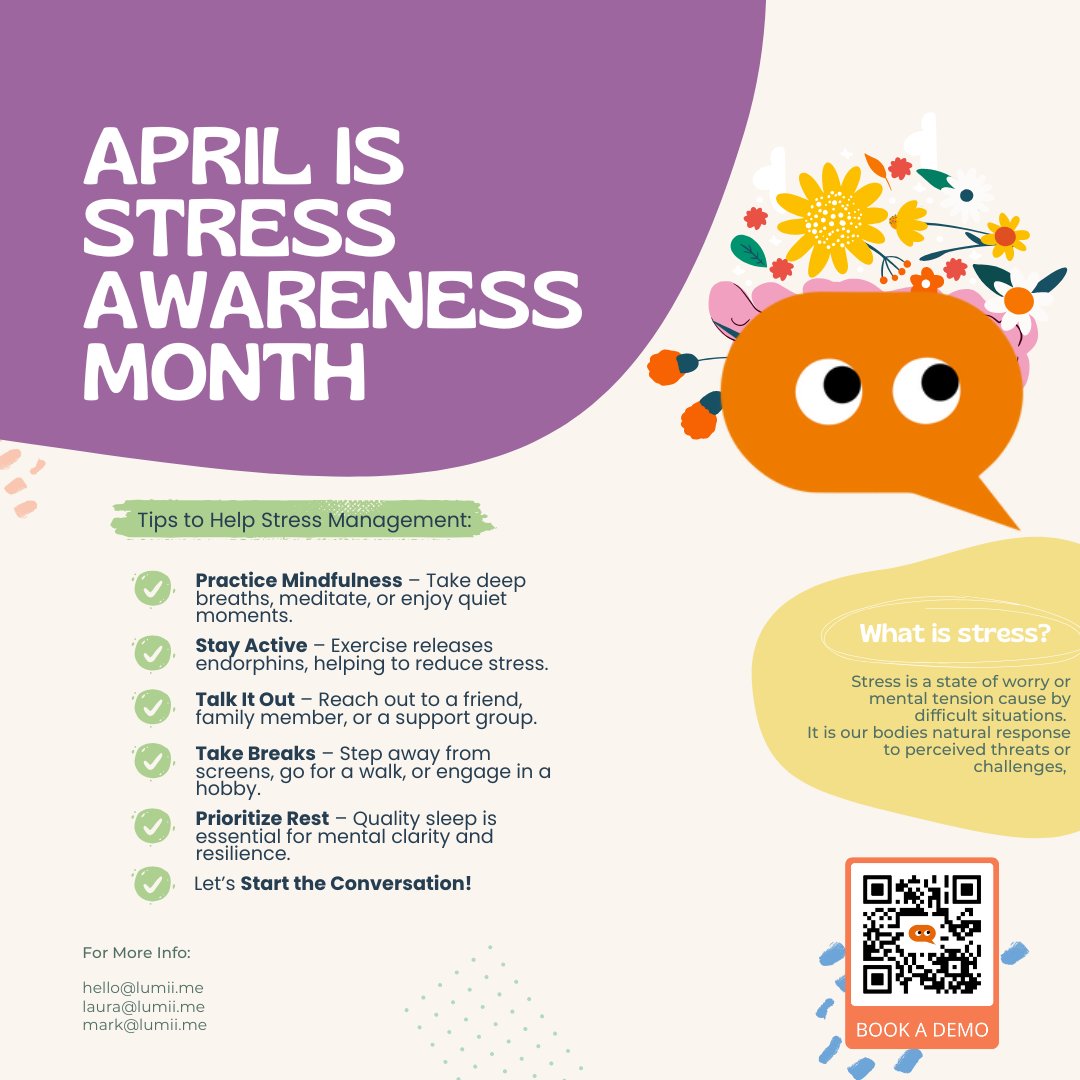🌿 April is Stress Awareness Month! 🌿
Stress is a part of life, but managing it effectively can lead to better well-being, focus, and happiness. 

Let’s support each other in building a healthier, happier mindset.

Learn More Here:
lumii.me
tinyurl.com/lumiime