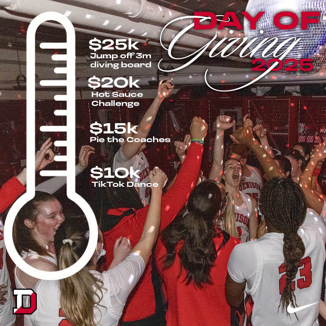 🚨Denison’s Annual Day of Giving is here!🚨

Stay tuned, as our coaches will complete these challenges as we meet these donation benchmarks throughout the day! We have TWO generous donors matching donations up to a total of $30,000! #GBR #TwoFeetIn #ILMTO2

🔗 in bio