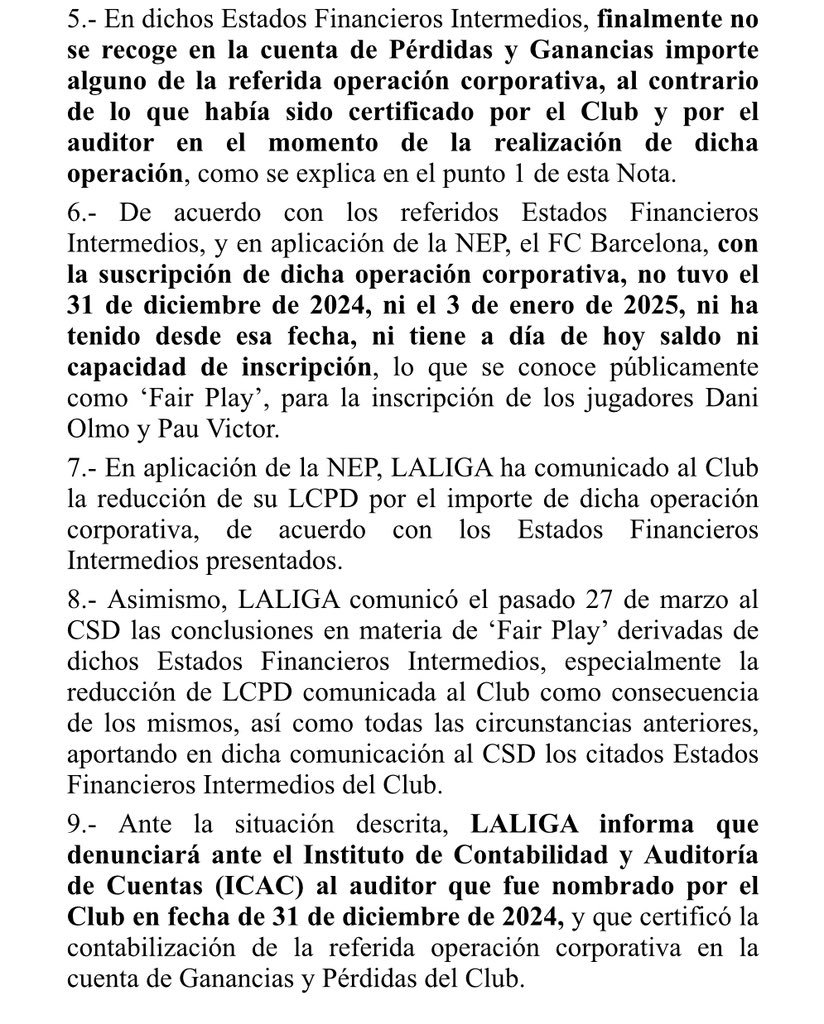 BarcaTimes's tweet photo. 🚨 MAJOR BREAKING: La Liga have released an official statement confirming that Barça's €100M VIP seat deal, which was crucial for registering Olmo and Pau Víctor, is not accounted for in the club's latest financial submissions.

As a result, Barça are once again EXCEEDING the FFP and don't have the 1:1 rule, still needing those €100M. #fcblive 🔴