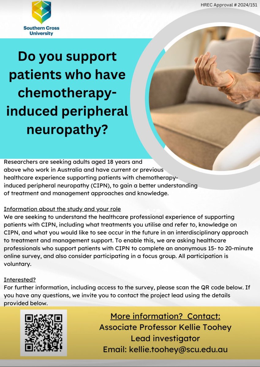 We are currently surveying both health professionals and patients to better understand CIPN management practices.  
Consumer (patient) survey: lnkd.in/ghWS3ku6 
Healthcare practitioners survey: lnkd.in/gQR6MGuf