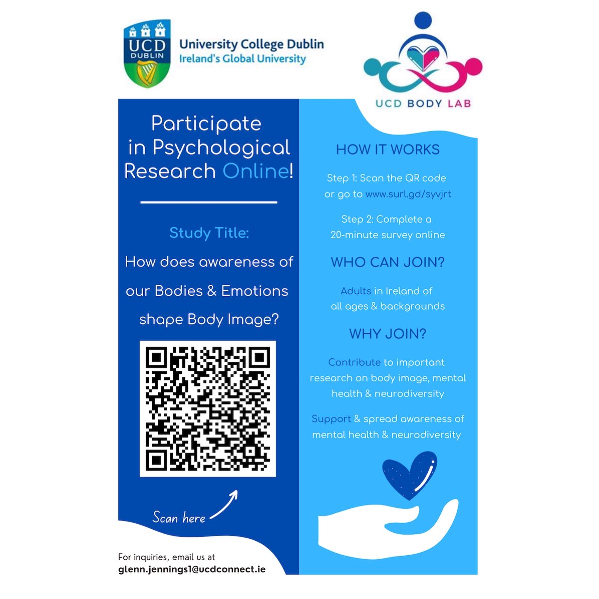 Bodywhys (@bodywhys) on Twitter photo Can you help? Researchers in <a href="/UCDPsychology/">UCD Psychology</a> are investigating how awareness of our bodies and emotions informs body image run.pavlovia.org/pavlovia/surve… Can you help? Researchers in <a href="/UCDPsychology/">UCD Psychology</a> are investigating how awareness of our bodies and emotions informs body image run.pavlovia.org/pavlovia/surve…