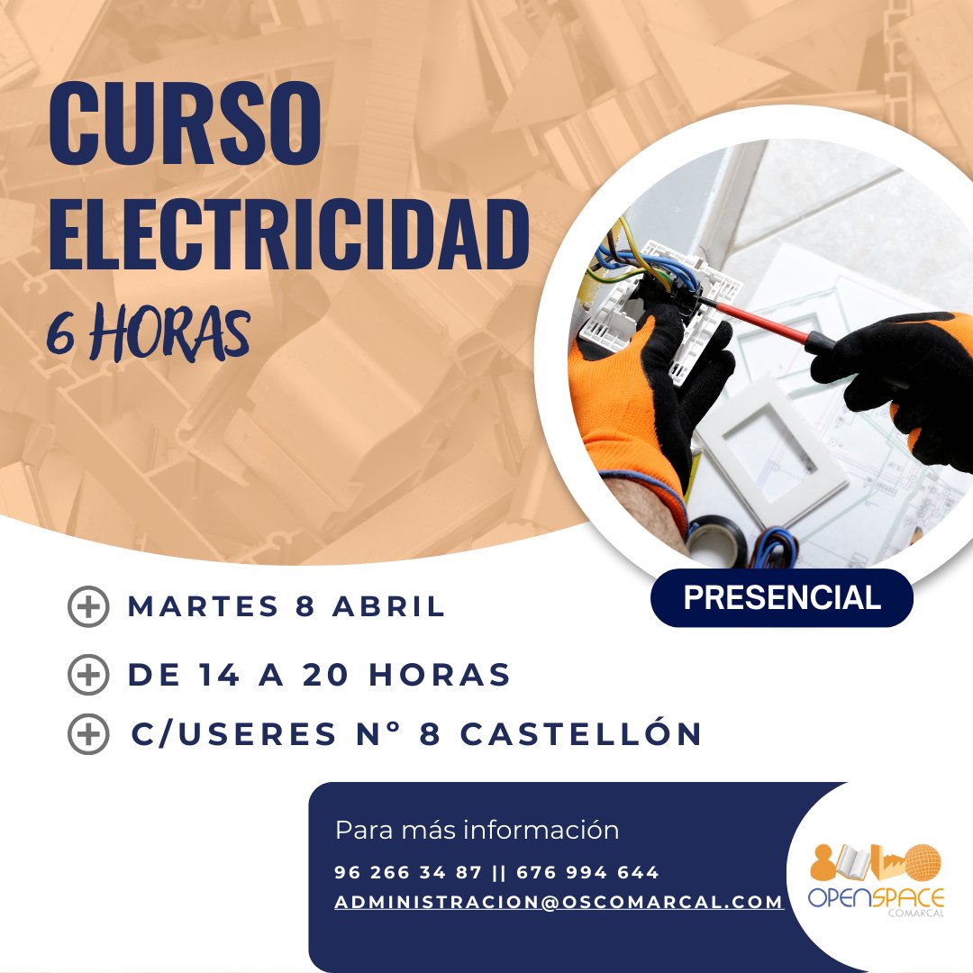 OSComarcal's tweet image. 🆕 CURSO ELECTRICIDAD 🆕

El martes 8 de abril podrás realizar el Curso de Electricidad de 6 horas en Castellón.

👉 De 14 a 20 horas en C/ Useres nº8

Para más información y reserva de plaza 676 994 644 o administracion@oscomarcal.com ✍

#openspacecomarcal #formaciónprofesional