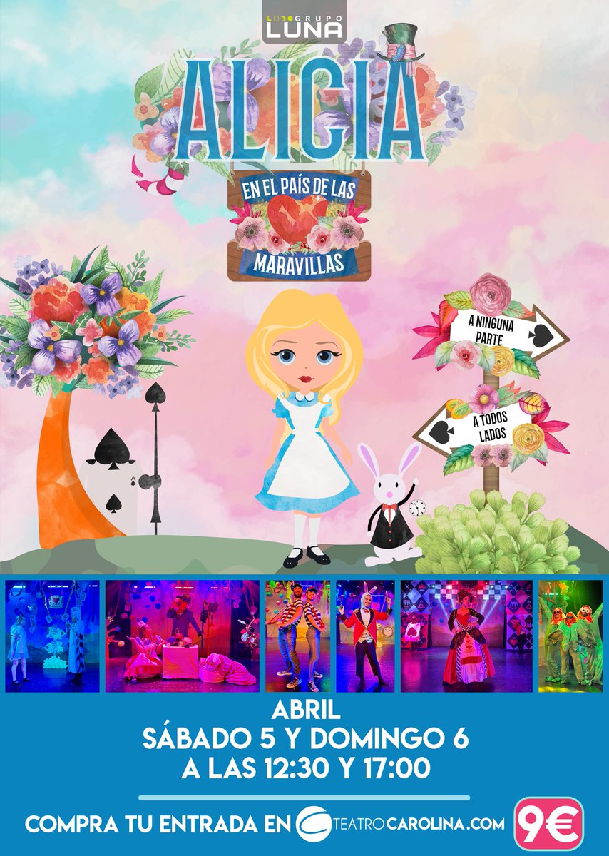 Este fin de semana: Alicia en el país de las maravillas, de Grupo Luna.
📆Sábado 5 y Domingo 6 de Abril a las 12:30 y 17:00
🏠Teatro Carolina. Calle Rugat n. 10 (Valencia).
💶9€ todos los espectadores a partir de dos años (inclusive).
🎫teatrocarolina.com/alicia-en-el-p…

#planesconniños