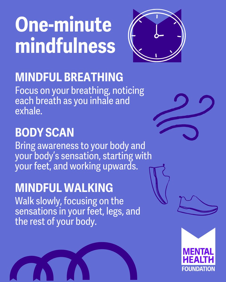Mindfulness helps you stay present and manage your thoughts and feelings with simple techniques like breathing and meditation. The best part? It only takes a minute!

Try these quick #mindfulness exercises:
 🧘‍♂️ Mindful breathing
 🦶 Body scan
 🚶‍♀️ Mindful walking