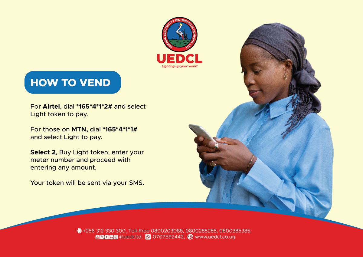 UEDCLTD's tweet image. Buy your Light Token anytime, anywhere with MTN or Airtel. Fast, secure, and convenient!

#UEDCLUpdate: #TheBigSwitch