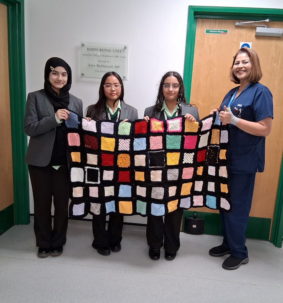 Our wonderfully creative students from crochet club crafted a blanket which has now been donated to Hayes Renal Unit. The Sister in charge explained to the girls how their blanket will now be used by Dialysis patients to keep them warm whilst they have their treatment.