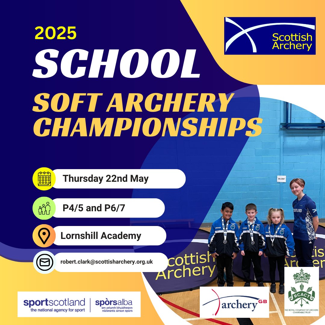 SCHOOLS | Just a reminder that entries are still 2025 Schools Soft Archery Championships taking place at Lornshill Academy on Thursday 22nd May 🏹😊

➡️Enter Here: tinyurl.com/56bd4t8s

#MakingSportLimitless #BuildingArcheryCommunities #Schools #Education #Competition