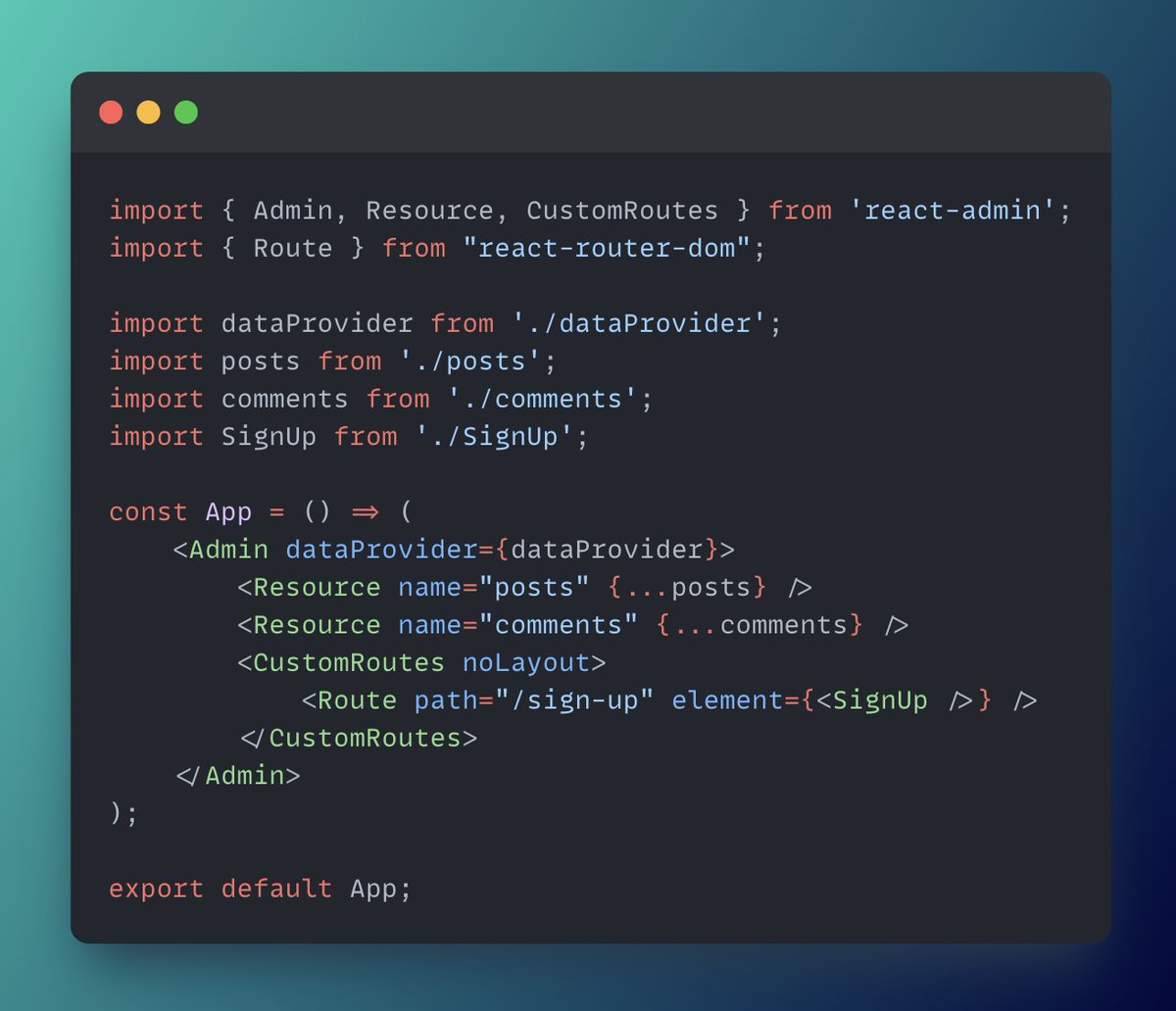 ReactAdmin's tweet image. 💡Tip of the week: If you need custom pages to let your users sign-up, use the &lt;CustomRoutes&gt; component and set its noLayout prop. This ensures react-admin won’t check whether users are authenticated.
🔗 marmelab.com/react-admin/Cu…
#reactadmin #react #opensource