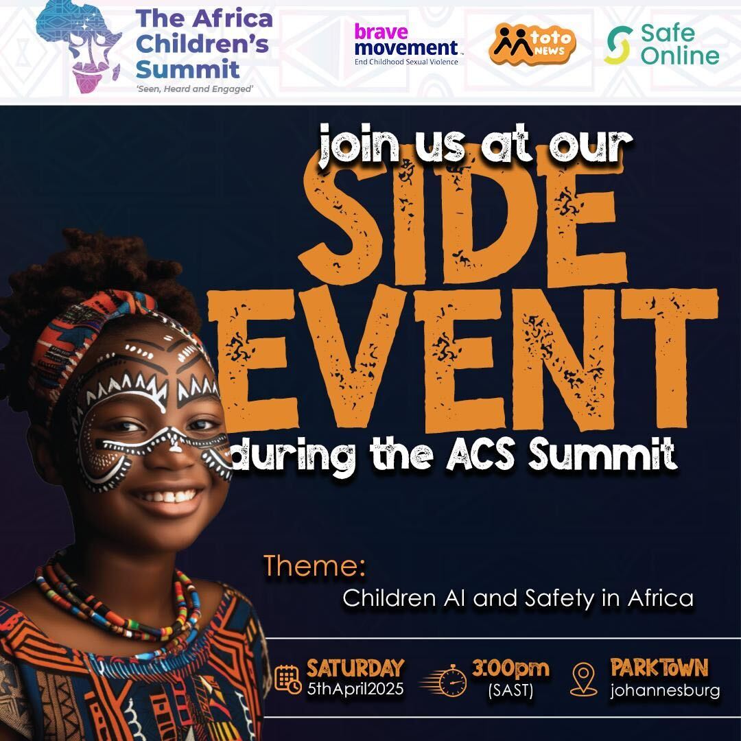 Brave Movement (@bebraveglobal) on Twitter photo 📣 Are you attending The Africa Children's Summit? Join us at our side event with <a href="/SafeOnlineFund/">Safe Online</a> on Children and AI in Africa 🌍
📅 5 April
⏰ 3pm SAST
📍 Parktown, Johannesburg
#ViolenceIsPreventable #EndChildhoodSexualViolence #SafeOnline 📣 Are you attending The Africa Children's Summit? Join us at our side event with <a href="/SafeOnlineFund/">Safe Online</a> on Children and AI in Africa 🌍
📅 5 April
⏰ 3pm SAST
📍 Parktown, Johannesburg
#ViolenceIsPreventable #EndChildhoodSexualViolence #SafeOnline