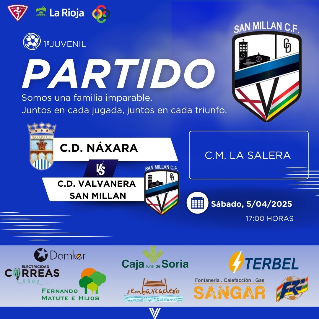 1ª Juvenil | Liga ⚽
🆚 <a href="/naxaracdcantera/">Náxara C.D. Cantera</a>

🛫 C.M. La Salera
🗓️ Sábado 5 de abril
🕰️ 17:00 

Vamos <a href="/Valvatwitt/">Valvanera Club Deportivo</a>  🤍💙🖤

#Larioja #Liga #Futbol #Juvenil
 #FutbolRiojano #Valvanera