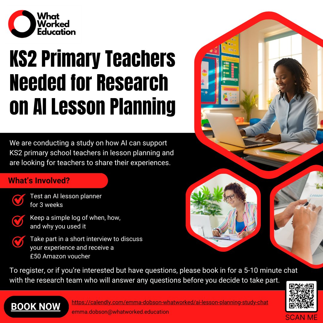 WhatWorkedEducation (@whatworked) on Twitter photo #KS2 teachers - fancy trying an AI tool to help with lesson planning? Share feedback and receive a £50 Amazon voucher! Email emma.dobson@whatworked.education or book a quick chat: calendly.com/emma-dobson-wh…
#AIforTeachers #EdTech #TeacherVoice #LessonPlanning #KS2 teachers - fancy trying an AI tool to help with lesson planning? Share feedback and receive a £50 Amazon voucher! Email emma.dobson@whatworked.education or book a quick chat: calendly.com/emma-dobson-wh…
#AIforTeachers #EdTech #TeacherVoice #LessonPlanning